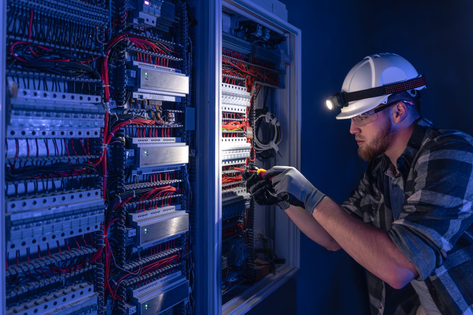 Male electrician working in switchboard with electrical connecting cable. Young adult electrical engineer in special clothes with flashlight on helmet in dark room with emergency lights in background.