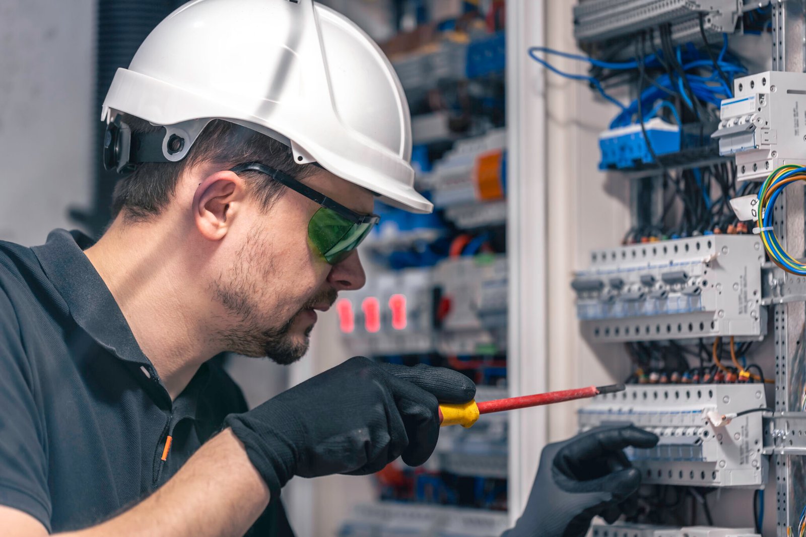 A male electrician works in a switchboard using an electrical connection cable, connecting equipment with tools. SSUCv3H4sIAAAAAAAACpySSW7DMAxF9wFyB0PrGHAsT+lVgi6oITFRRQokOUUR5O7VYAfqtjvzkfzkN/Xc76qKMHDIyUf1jFGIUanFeQsejQ64OazcSi2kLcnD0qEpAWAZSYHeWARVQgaezxpuMkC9KBXxKyWJ8+AXJ13cZUUcvLwGjQzfEnnhc46rLZGSoSOkCDkUzC0ssQ1l8X915o/Pt+Gr1PwnLVwYsVJJyEbOuZR8fXtpb6U1WASawtXDcFCxgBZKgHew8KfvbpGjvhbE+DndZVPiZtHexq3eZogy5g5Mxb9+CWPkxmdwLpSLjRezeXgF5lbM0cYnT6sqEeE4MTxS2ndTS9tmHIauObXDWpAPOmPQSetsQiHmXyhKVxg3IKwfT/2pG+sJONRdP9KajQ2t+yNME7uIrg3vbb97/QIAAP//AwBpAj02uQIAAA==